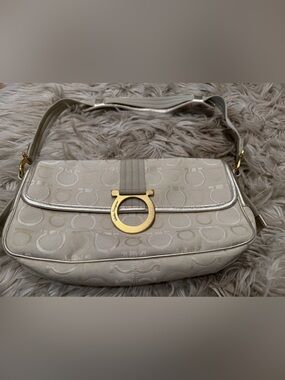 Salvatore Ferragamo Cream Gancini Jacquard Shoulder Bag with Gold Hardware
